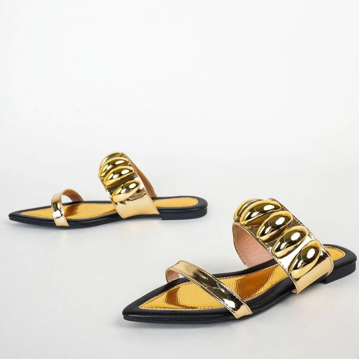 Women's Metallic Pointed Toe Flat Slide Sandals Open Toe Snake Print Lightweight Non-slip Slip On Dressy Sandals