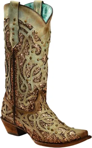 Women's Mint Glitter Inlay Western Boot Snip Toe Green 5 1/2 M US
