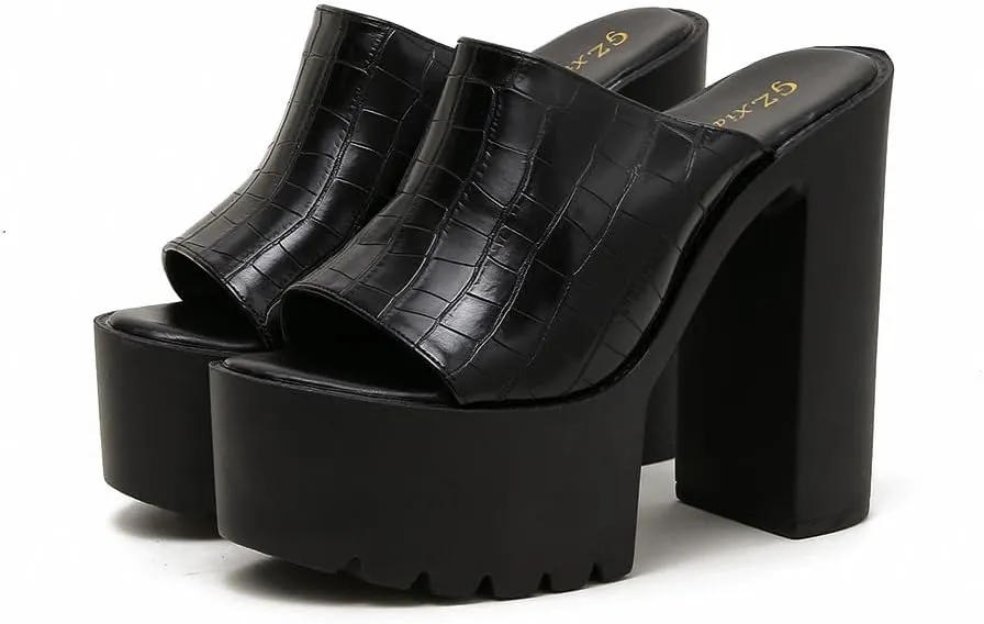 Women's Open Toe High Heel Platform Mules, Block Chunky Heel Slide, Slip on Summer Sandal Slipper