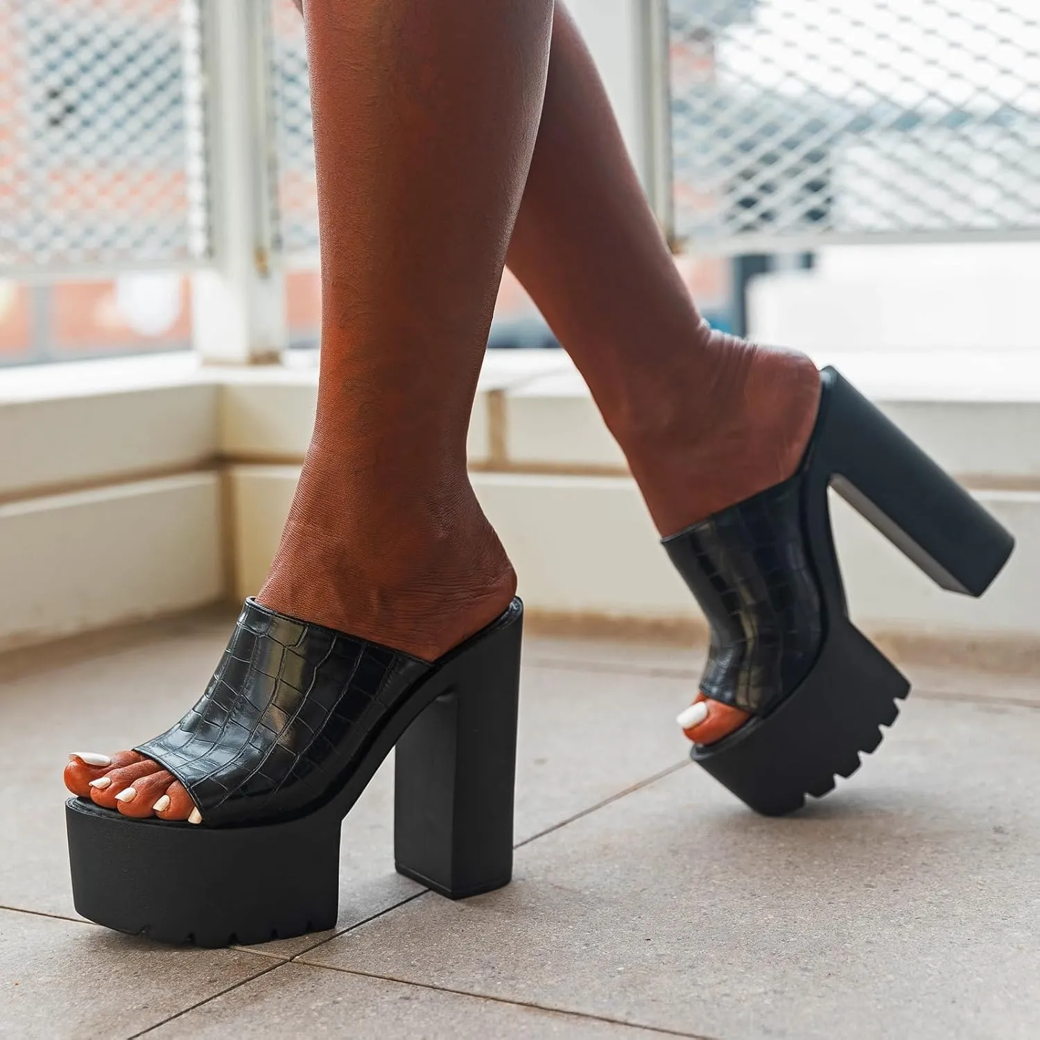Women's Open Toe High Heel Platform Mules, Block Chunky Heel Slide, Slip on Summer Sandal Slipper