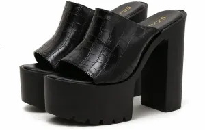 Women's Open Toe High Heel Platform Mules, Block Chunky Heel Slide, Slip on Summer Sandal Slipper