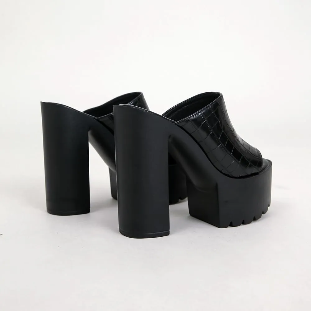 Women's Open Toe High Heel Platform Mules, Block Chunky Heel Slide, Slip on Summer Sandal Slipper