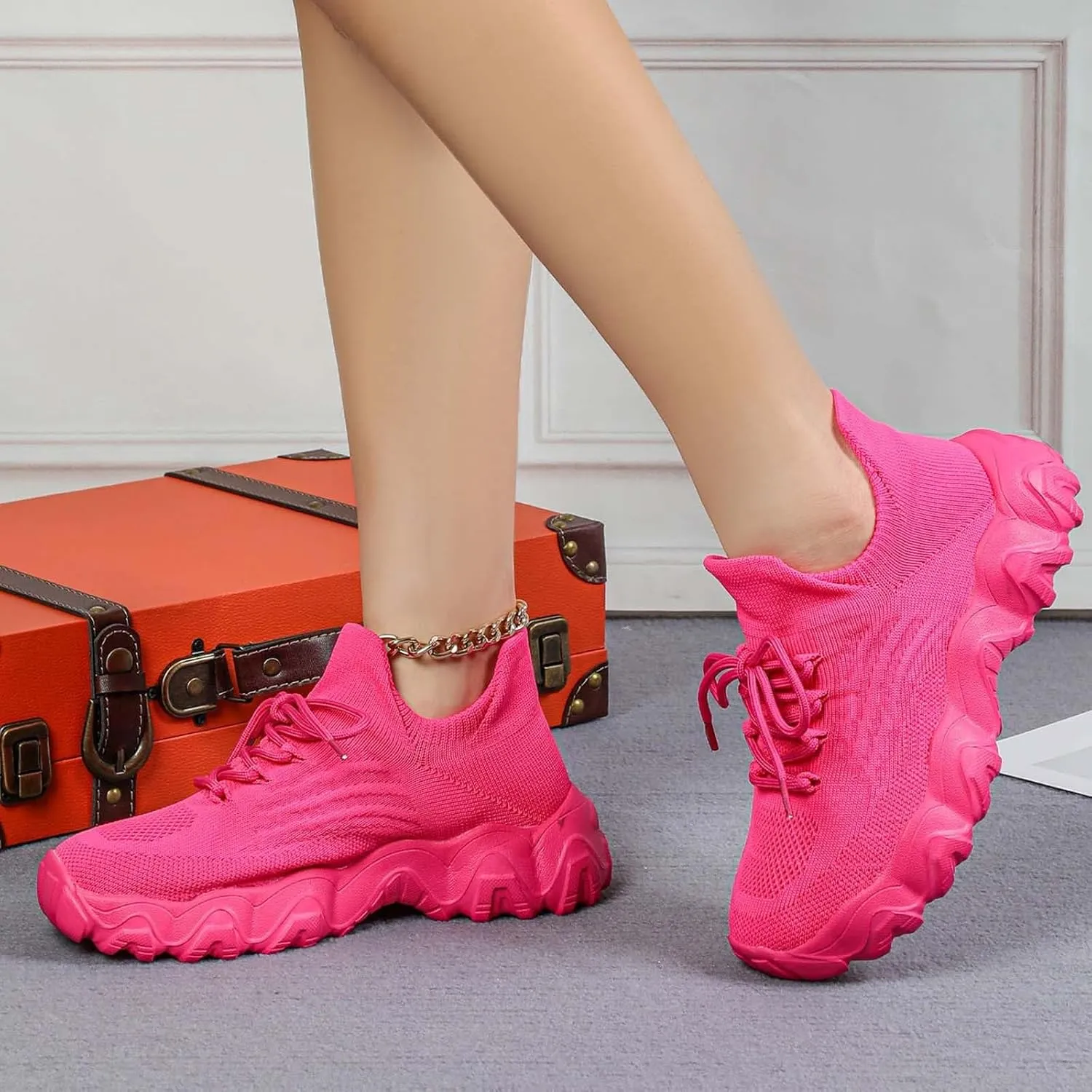 Women's Pink Ortho Pro Classic Casual Sneakers, Breathable Mesh, Lace-Up, Flat Heel, Round Toe