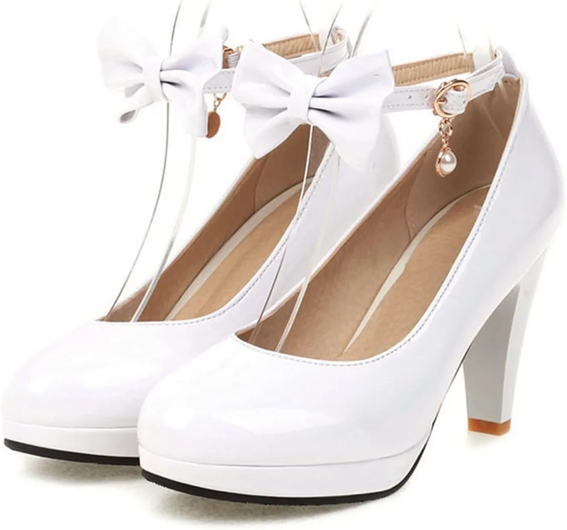 Women's Platform High Heel Dress Shoes Leather Elegant Bow Ankle Strap Round Toe Prom Party Pumps