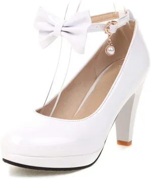 Women's Platform High Heel Dress Shoes Leather Elegant Bow Ankle Strap Round Toe Prom Party Pumps