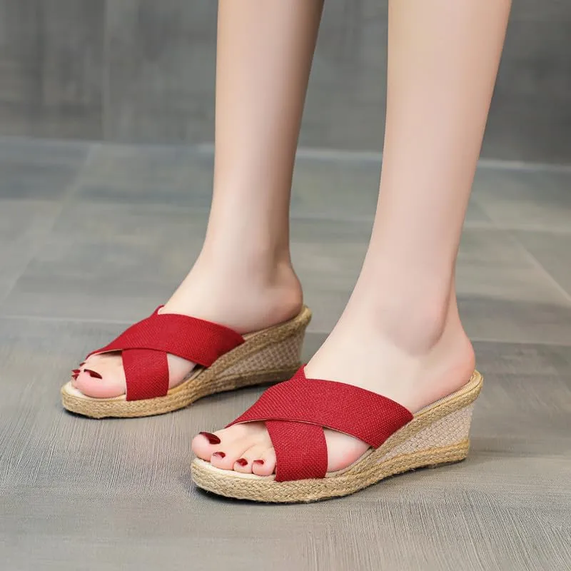 Women's Platform Slide Sandal Lightweight Cross Strap Wedge Espadrille Sandals