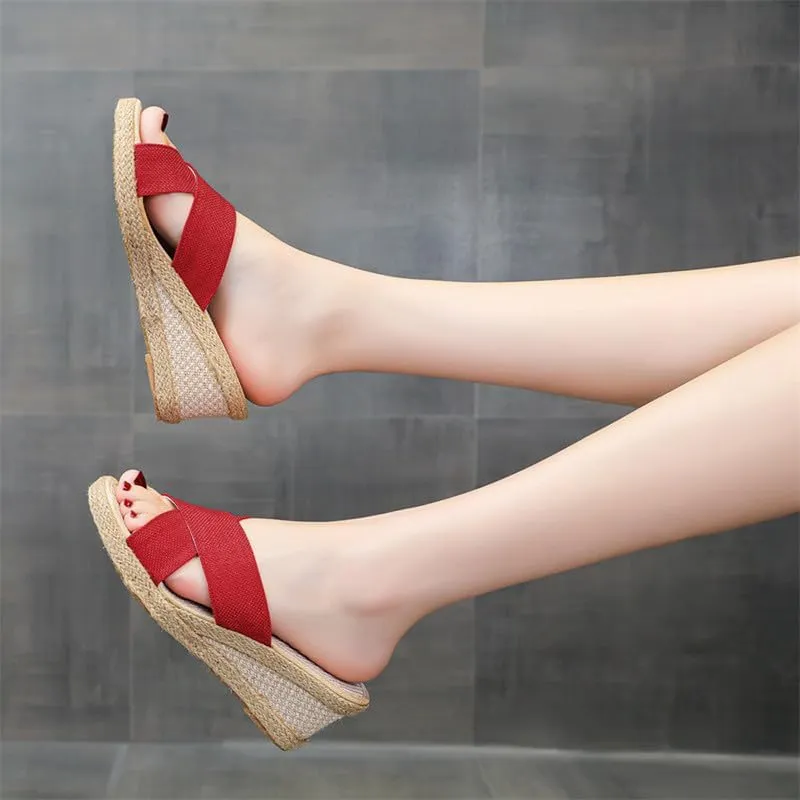 Women's Platform Slide Sandal Lightweight Cross Strap Wedge Espadrille Sandals