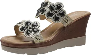 Womens Platform Wedge Sandals,Low Heel Open Toe Wedge Slip On Glitter Rhinestones Low Wedge Comfortable Party Wedding Casual Walking Shoes Dressy Summer