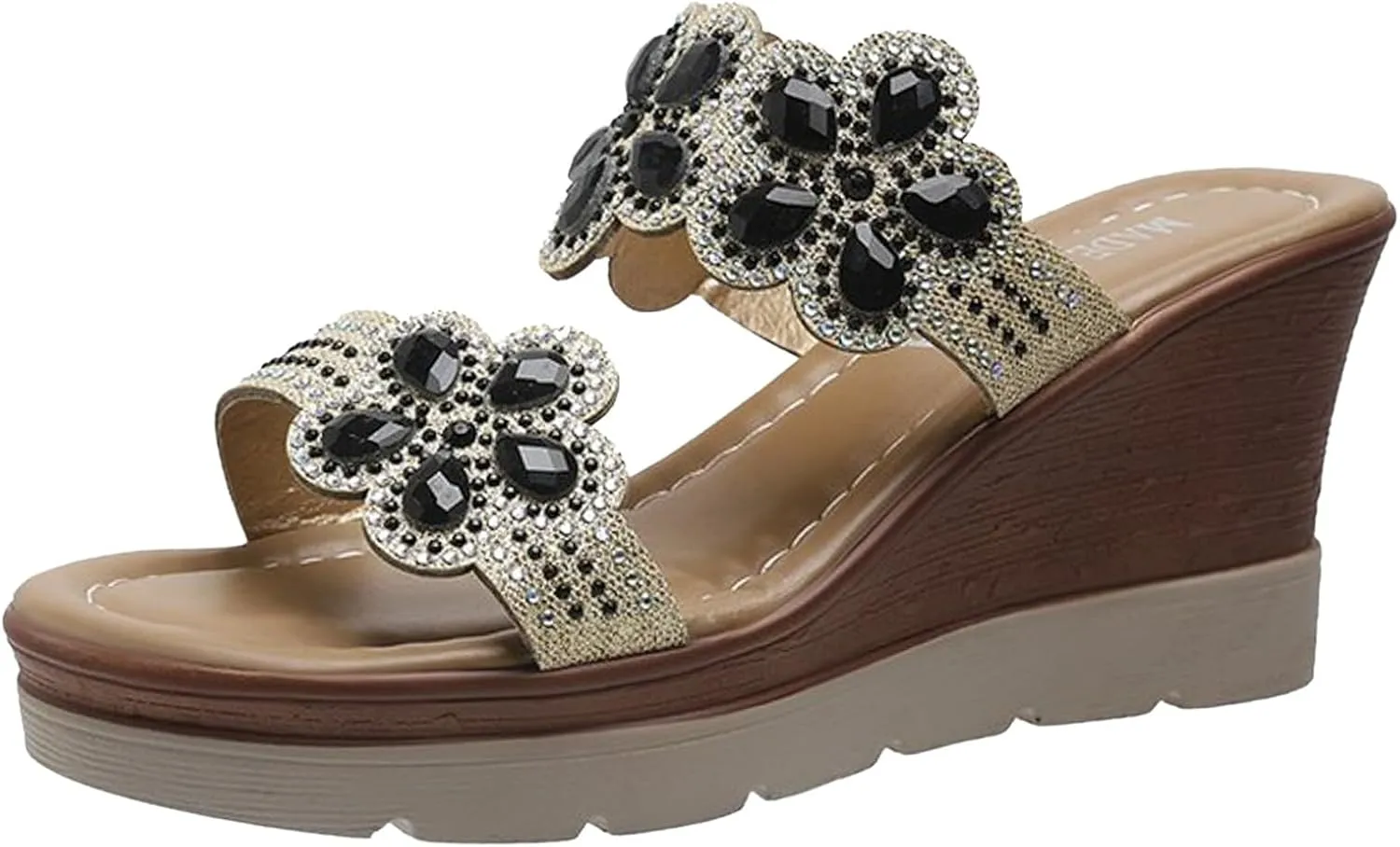 Womens Platform Wedge Sandals,Low Heel Open Toe Wedge Slip On Glitter Rhinestones Low Wedge Comfortable Party Wedding Casual Walking Shoes Dressy Summer