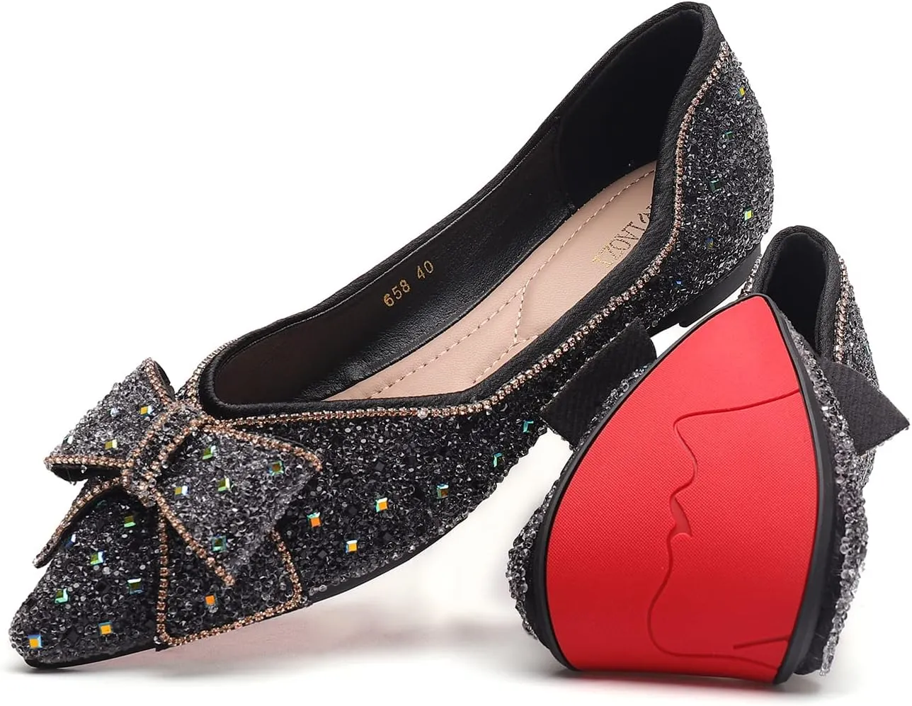 Women's Pointed Rhinestone Flat Shoes Glitter Flowers Wedding Comfortable Dress Shoes