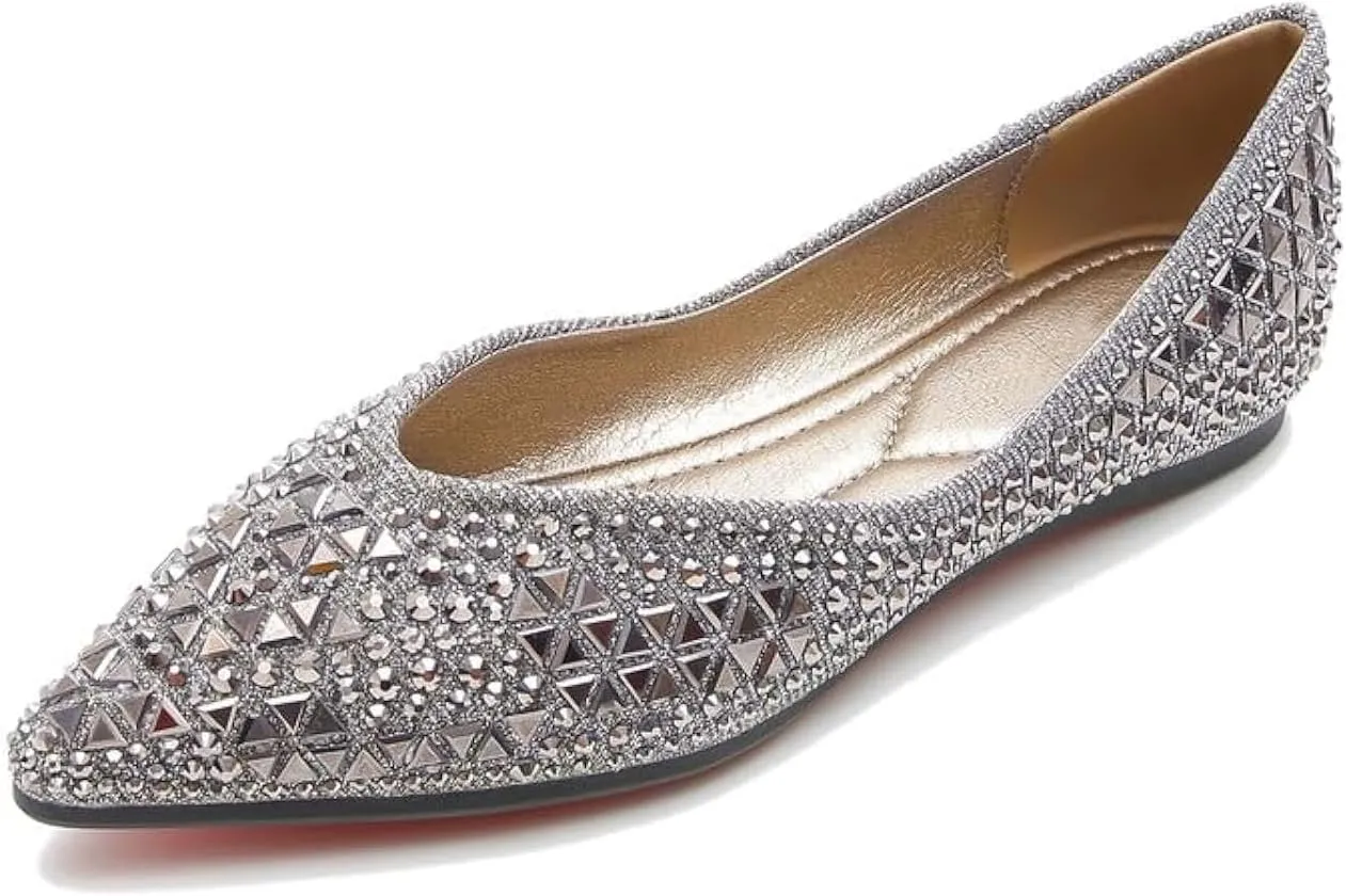Women's Pointed Rhinestone Flat Shoes Glitter Flowers Wedding Comfortable Dress Shoes