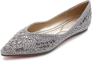 Women's Pointed Rhinestone Flat Shoes Glitter Flowers Wedding Comfortable Dress Shoes