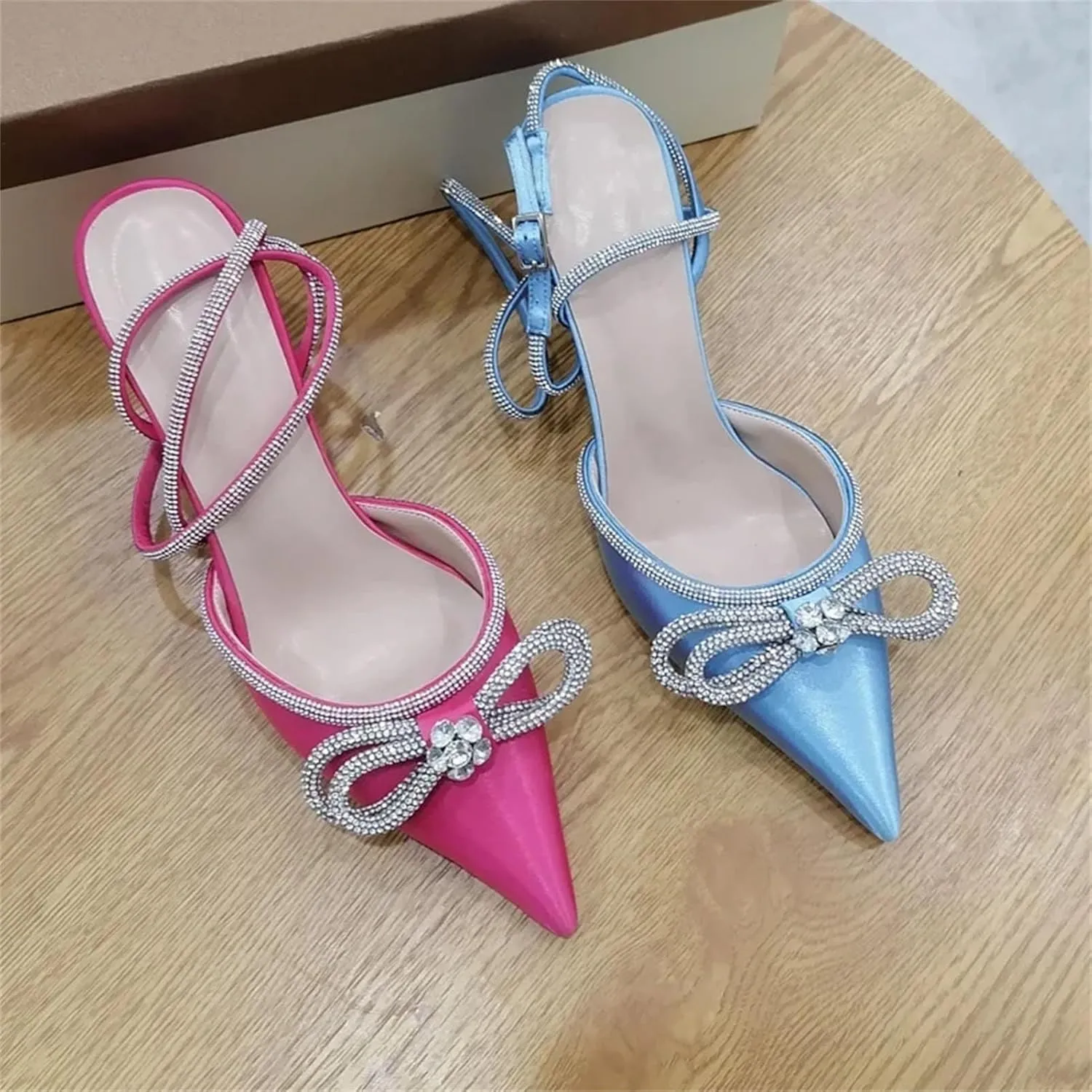 Women's Pointed Toe Elegant Sandals - Crystal Butterfly-Knot Ankle Strap Wedding Shoes