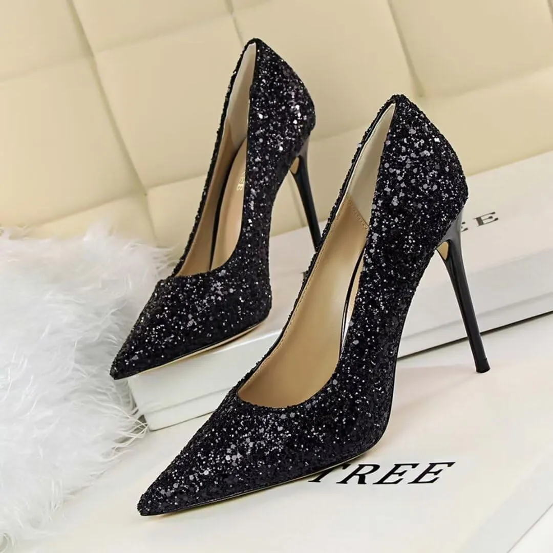 Women's Pointed Toe High Heel Pumps 3.7 Inch Classic Stiletto Sparkling Sequins Prom Shoes Stiletto Wedding Heels for Bride Shoes for Women