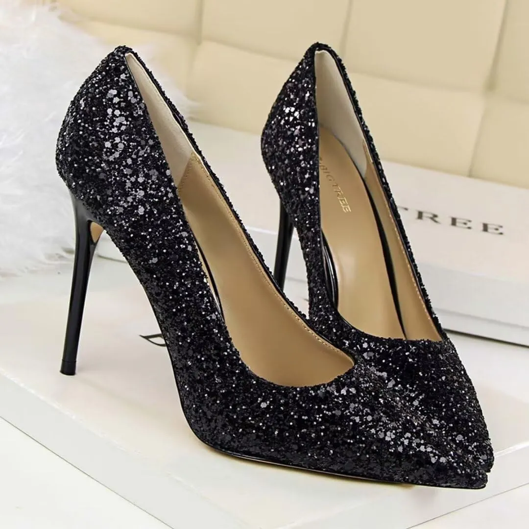 Women's Pointed Toe High Heel Pumps 3.7 Inch Classic Stiletto Sparkling Sequins Prom Shoes Stiletto Wedding Heels for Bride Shoes for Women