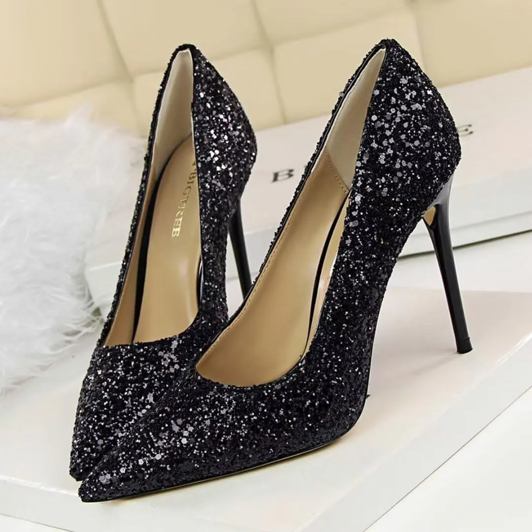 Women's Pointed Toe High Heel Pumps 3.7 Inch Classic Stiletto Sparkling Sequins Prom Shoes Stiletto Wedding Heels for Bride Shoes for Women