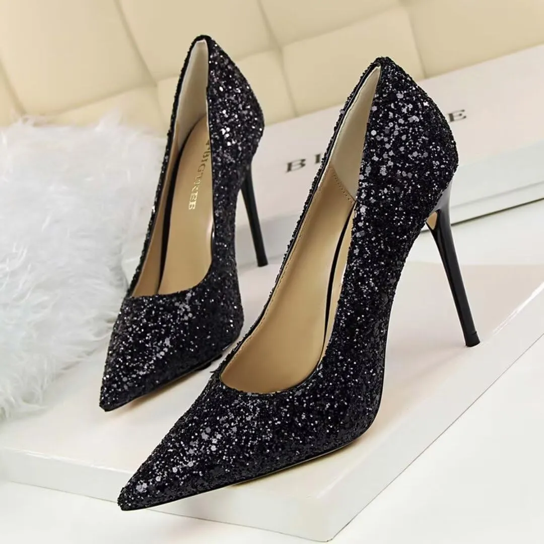 Women's Pointed Toe High Heel Pumps 3.7 Inch Classic Stiletto Sparkling Sequins Prom Shoes Stiletto Wedding Heels for Bride Shoes for Women