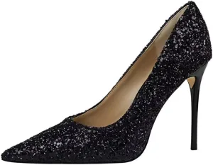 Women's Pointed Toe High Heel Pumps 3.7 Inch Classic Stiletto Sparkling Sequins Prom Shoes Stiletto Wedding Heels for Bride Shoes for Women