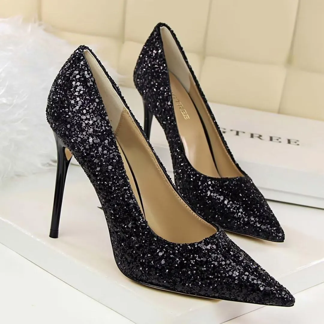Women's Pointed Toe High Heel Pumps 3.7 Inch Classic Stiletto Sparkling Sequins Prom Shoes Stiletto Wedding Heels for Bride Shoes for Women