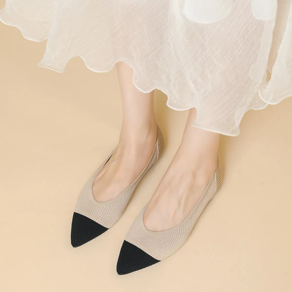 Women's Pointed Toe Knit Ballet Fashionable and Comfortable Dressy Flat Shoes