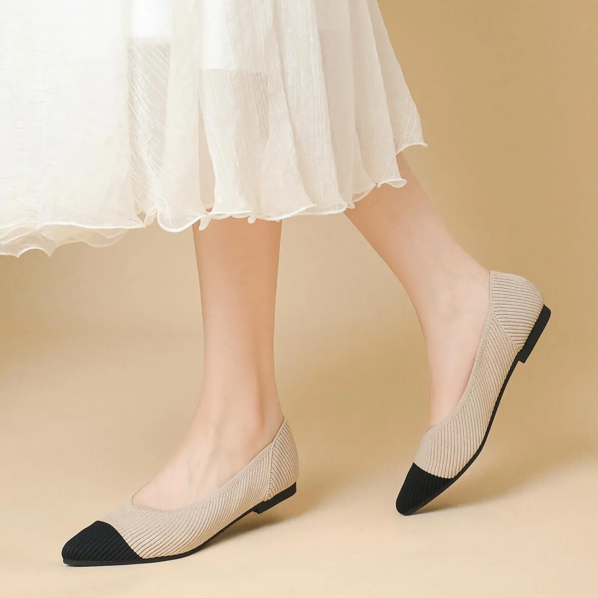 Women's Pointed Toe Knit Ballet Fashionable and Comfortable Dressy Flat Shoes