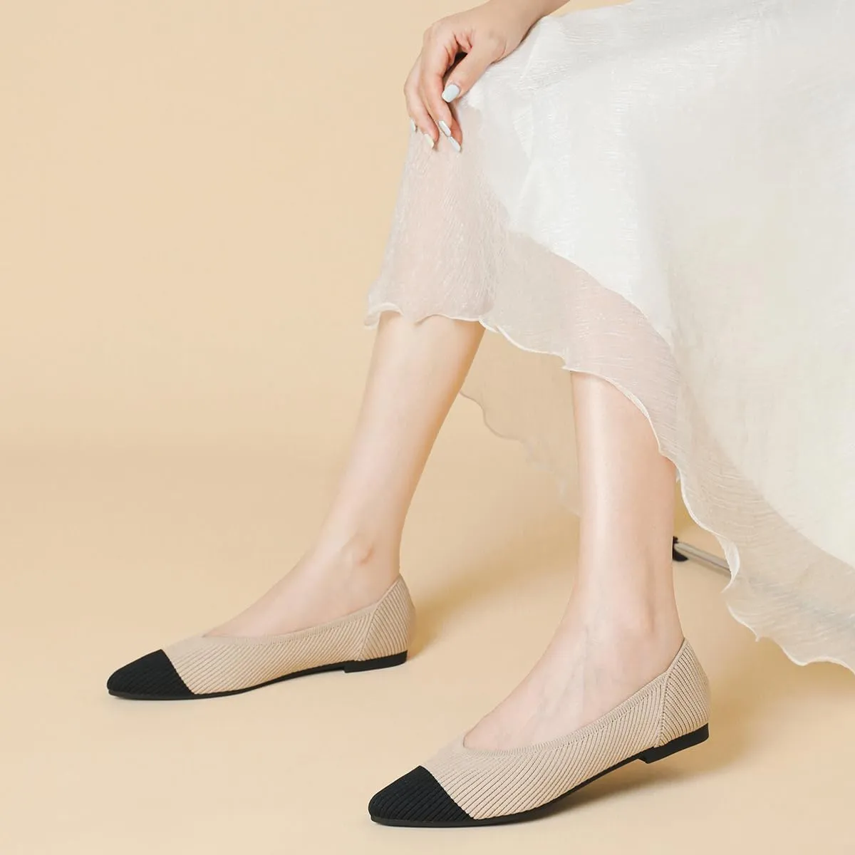 Women's Pointed Toe Knit Ballet Fashionable and Comfortable Dressy Flat Shoes