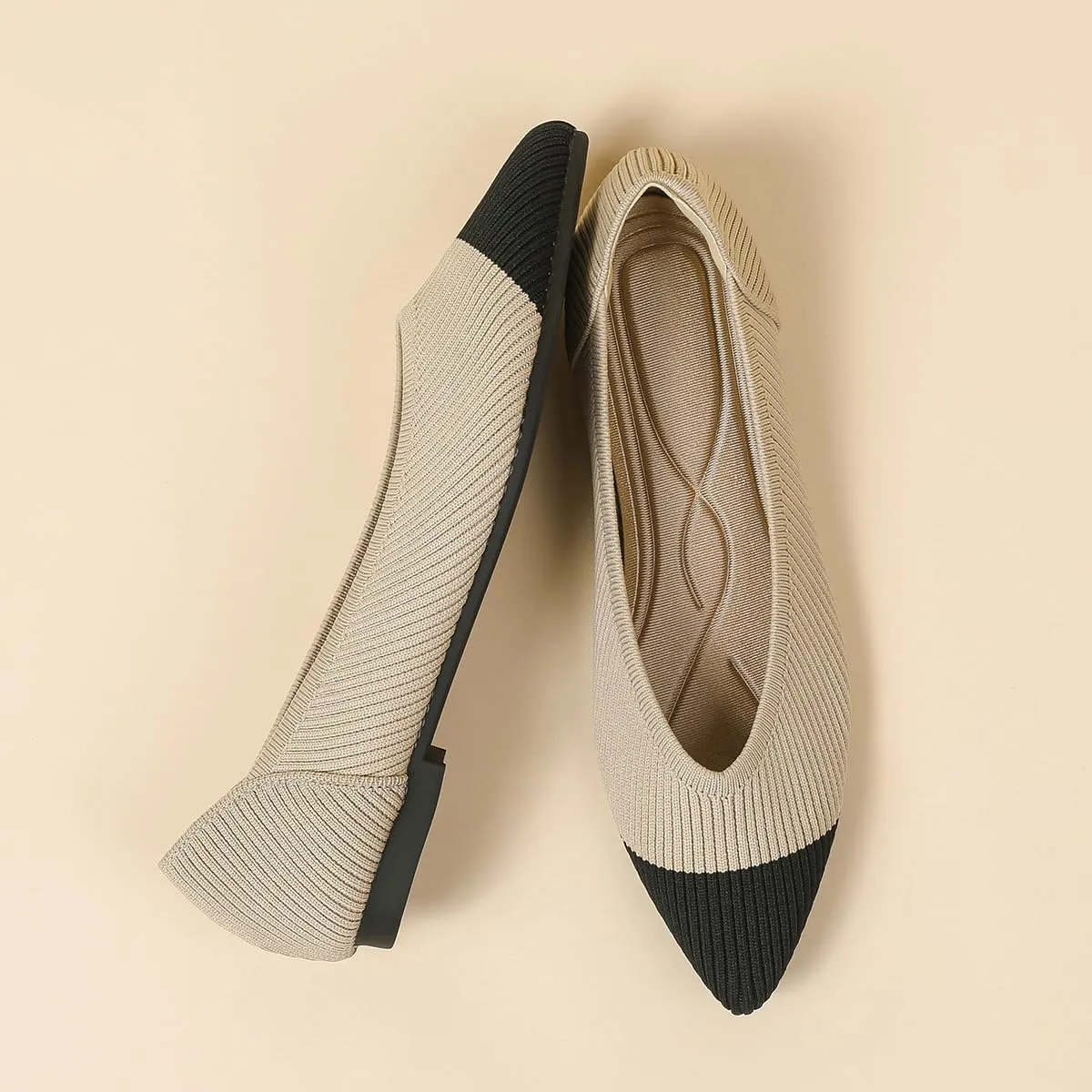 Women's Pointed Toe Knit Ballet Fashionable and Comfortable Dressy Flat Shoes