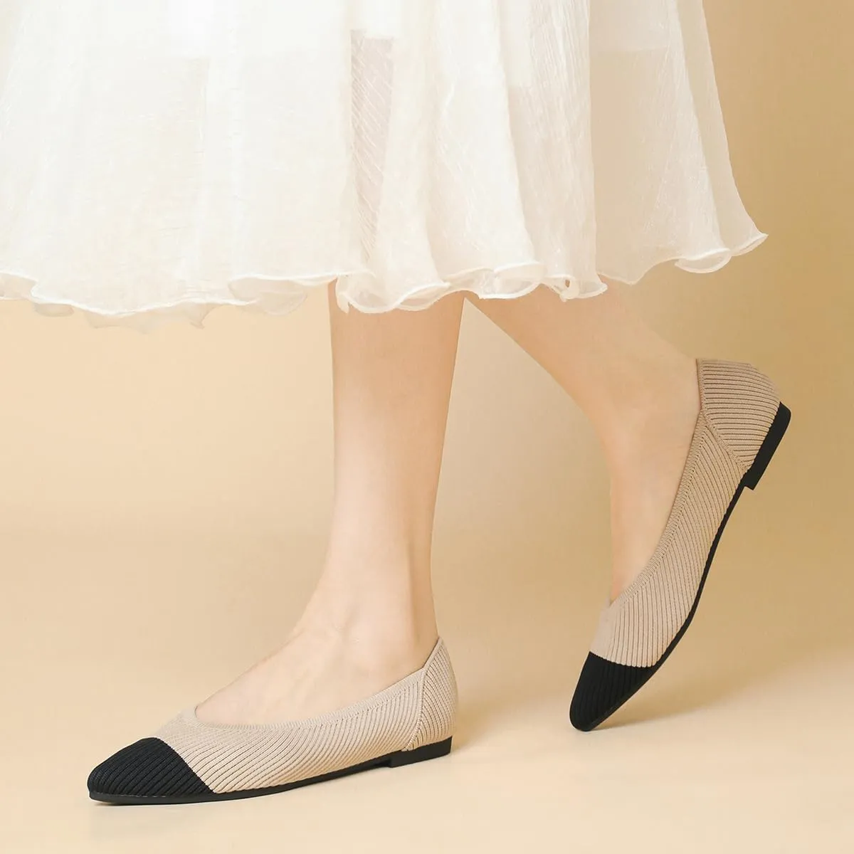 Women's Pointed Toe Knit Ballet Fashionable and Comfortable Dressy Flat Shoes
