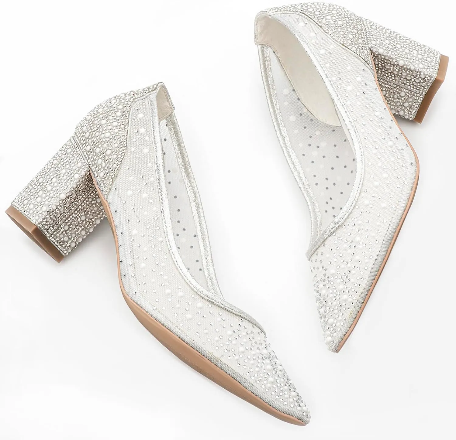 Women's Pointed Toe Silver Rhinestone Mesh Chunky Block Heel Wedding Bridal Shoes