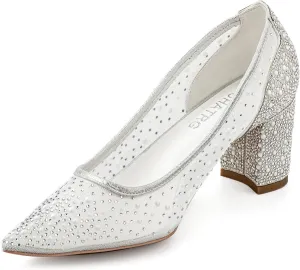 Women's Pointed Toe Silver Rhinestone Mesh Chunky Block Heel Wedding Bridal Shoes