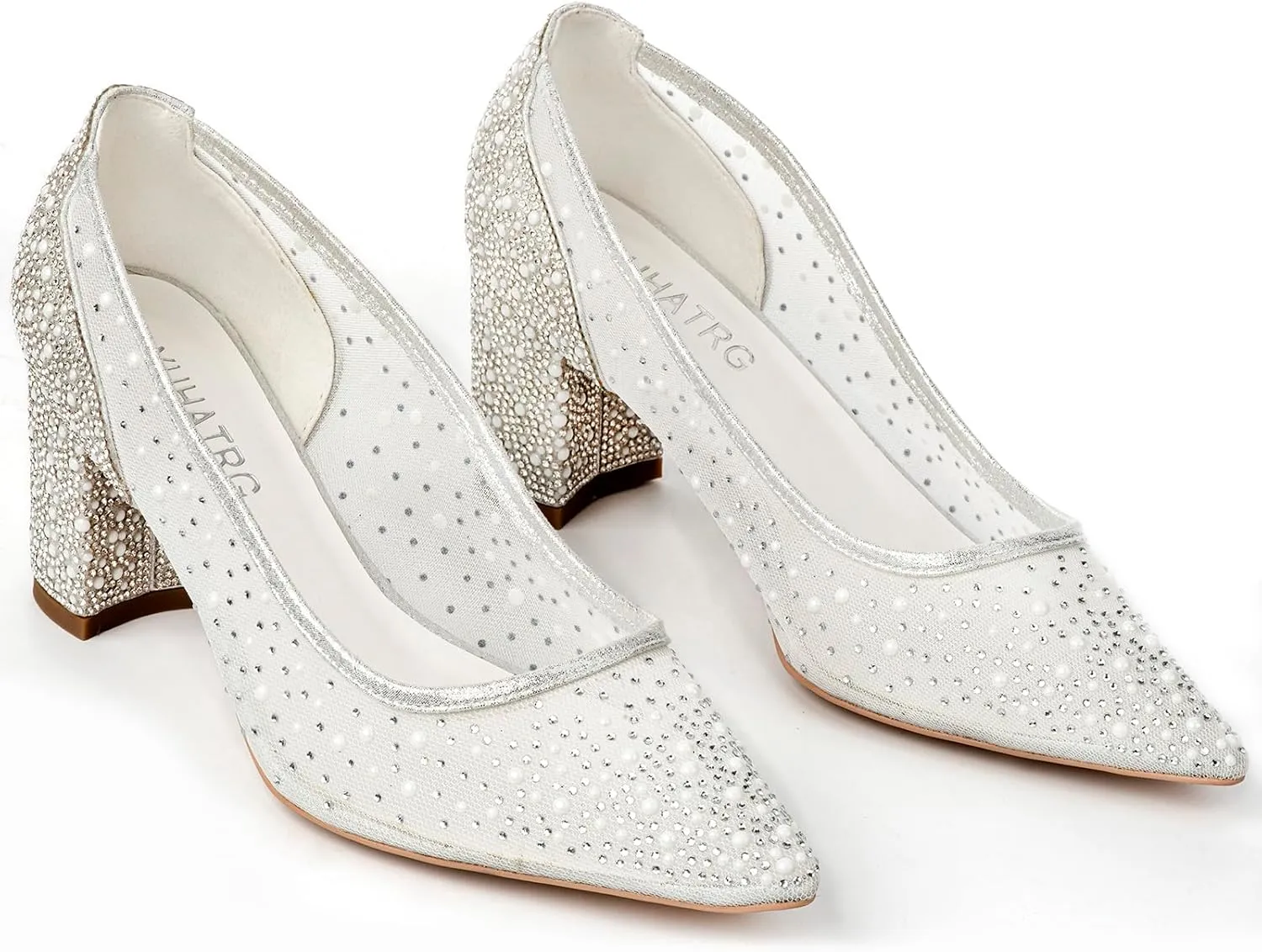Women's Pointed Toe Silver Rhinestone Mesh Chunky Block Heel Wedding Bridal Shoes