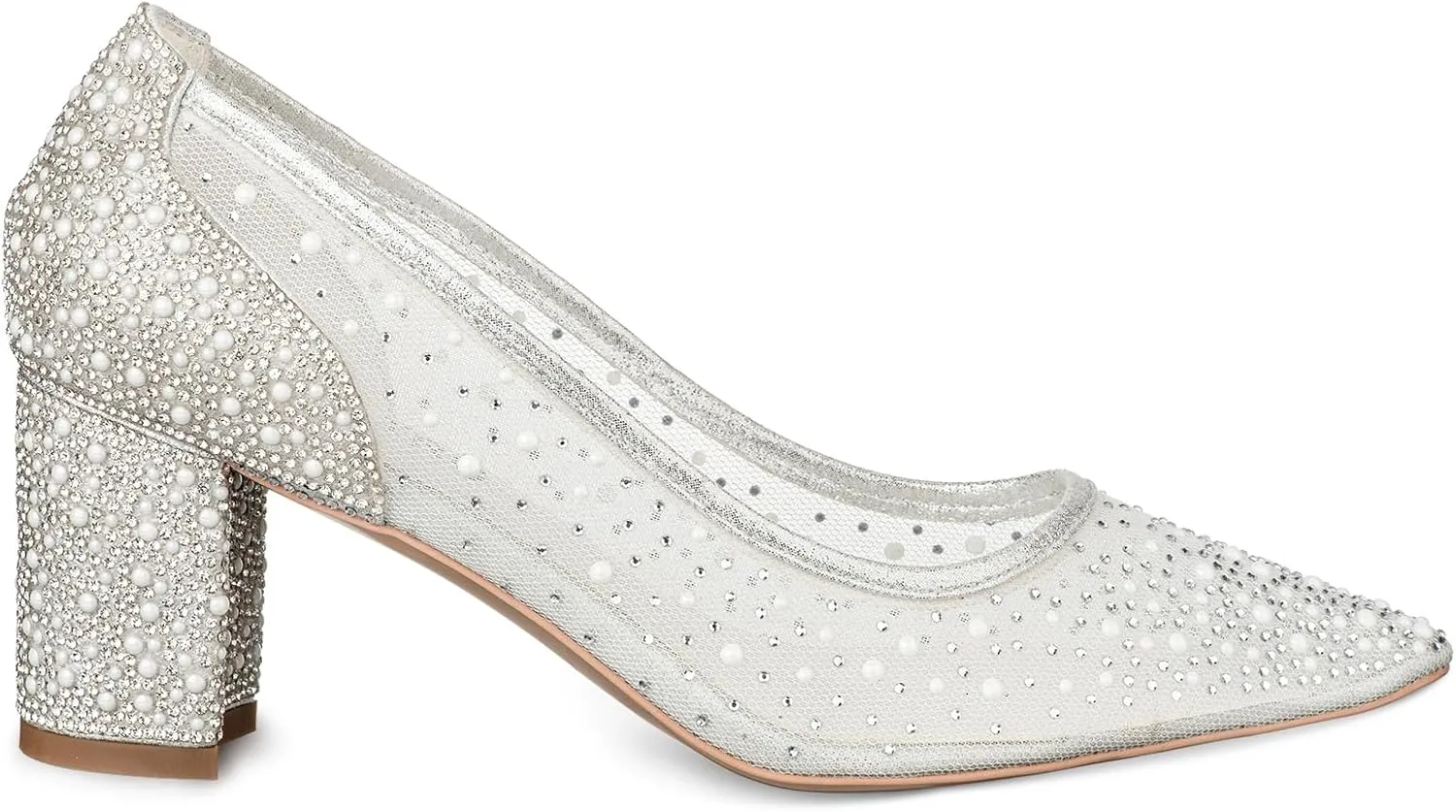 Women's Pointed Toe Silver Rhinestone Mesh Chunky Block Heel Wedding Bridal Shoes