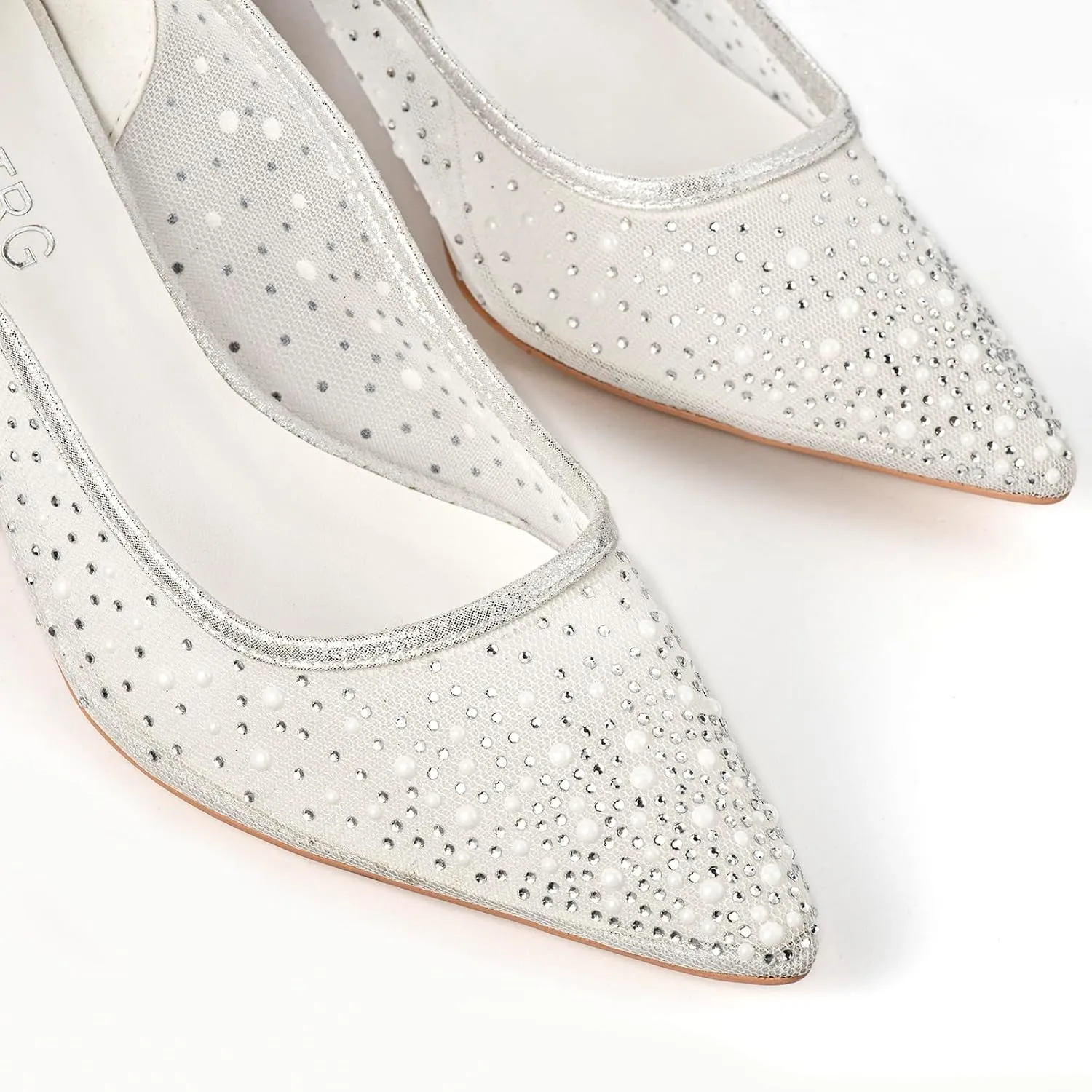 Women's Pointed Toe Silver Rhinestone Mesh Chunky Block Heel Wedding Bridal Shoes