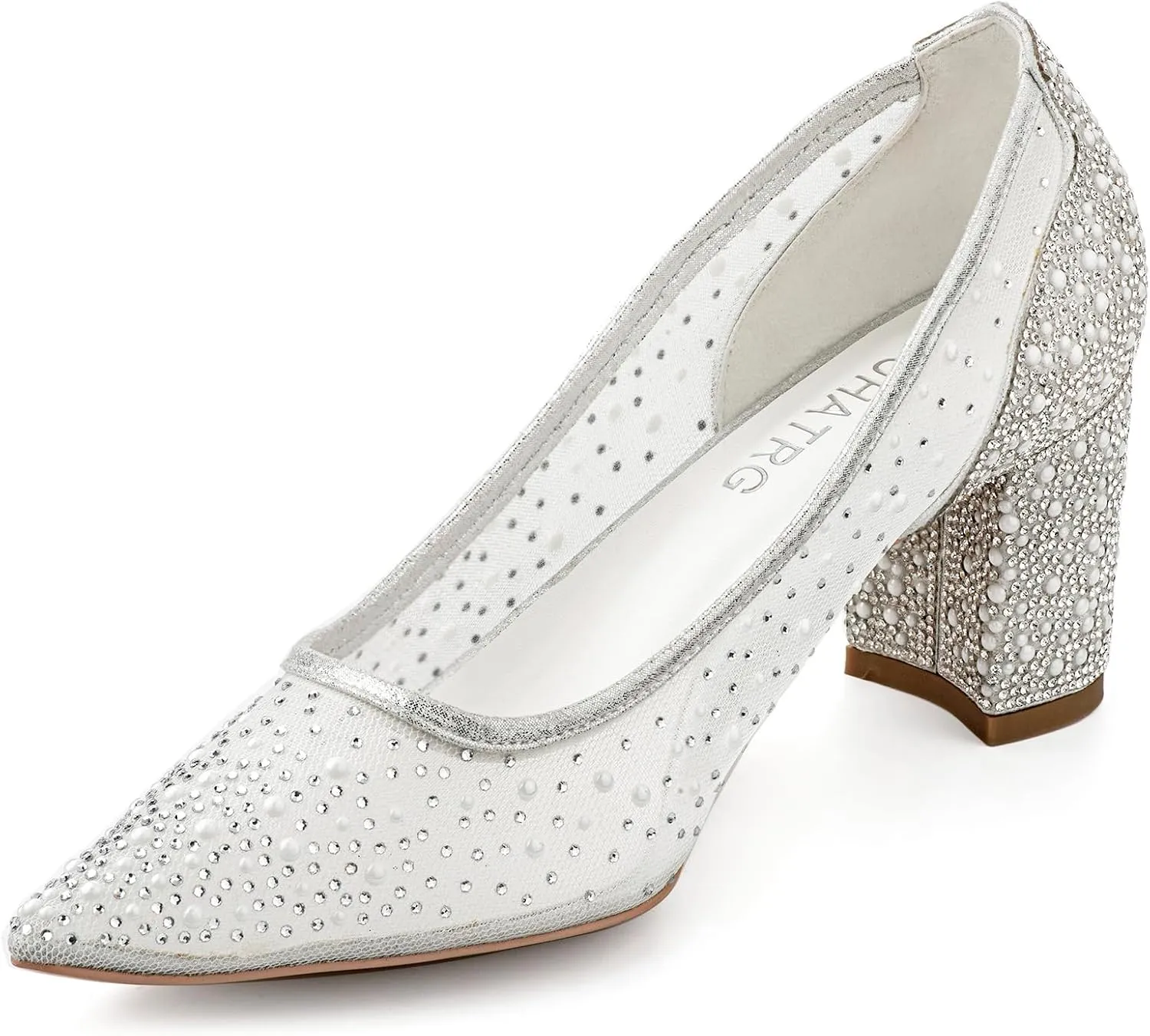 Women's Pointed Toe Silver Rhinestone Mesh Chunky Block Heel Wedding Bridal Shoes