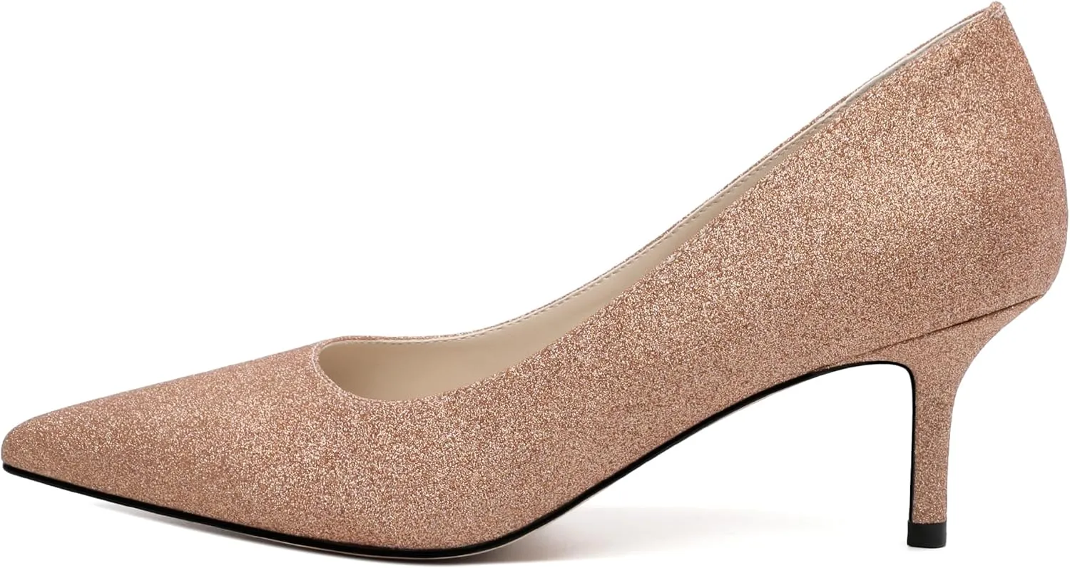Women's Pumps, Pointed Closed Toe Black Gold Kitten Heels for Women, Comfortable 2 Inch Mid Heel Women's Dress Shoes