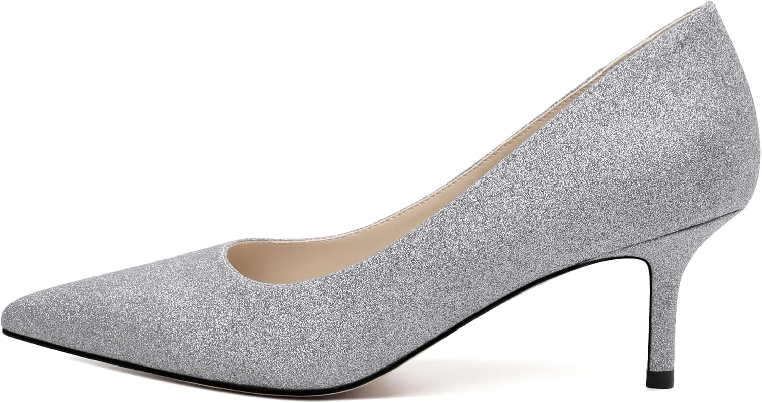 Women's Pumps, Pointed Closed Toe Black Gold Kitten Heels for Women, Comfortable 2 Inch Mid Heel Women's Dress Shoes