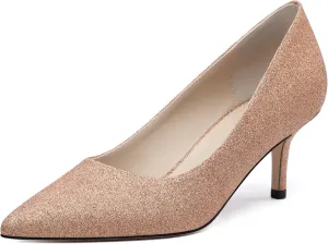 Women's Pumps, Pointed Closed Toe Black Gold Kitten Heels for Women, Comfortable 2 Inch Mid Heel Women's Dress Shoes