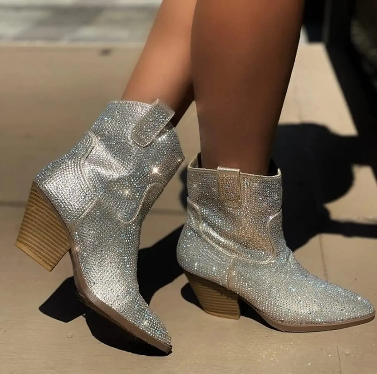 Women's Rhinestone Block Heel Mid Calf Short Ankle Booties Knee High Boots