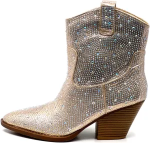 Women's Rhinestone Block Heel Mid Calf Short Ankle Booties Knee High Boots