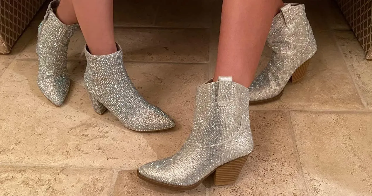 Women's Rhinestone Block Heel Mid Calf Short Ankle Booties Knee High Boots