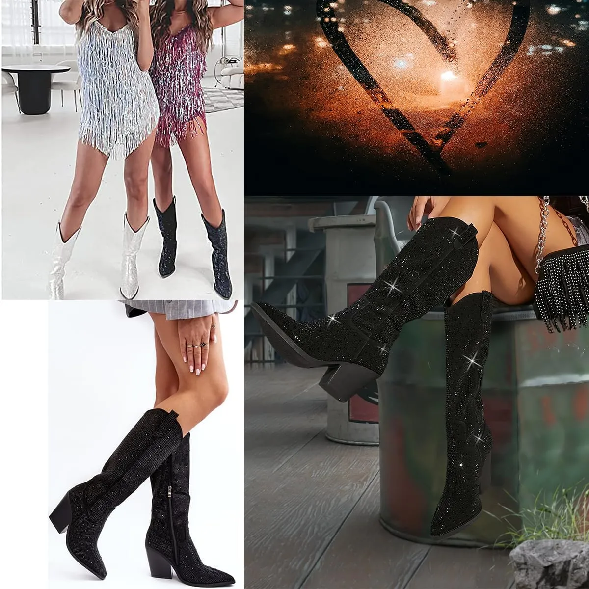 Women's Rhinestone Boots Wide Calf Cowgirl Boots Western Mid Calf Pointed Toe Boots Lightweight Fashion Trendy Chunky Stacked Heel Sparkly Side Zipper Boots