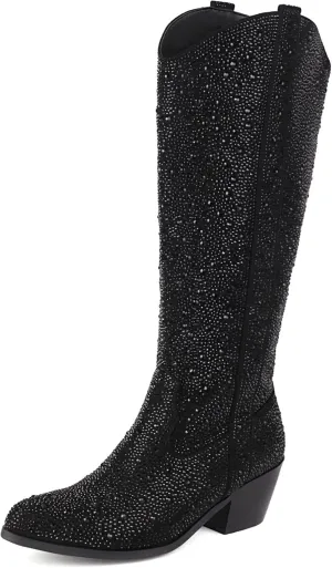 Women's Rhinestone Boots Wide Calf Cowgirl Boots Western Mid Calf Pointed Toe Boots Lightweight Fashion Trendy Chunky Stacked Heel Sparkly Side Zipper Boots