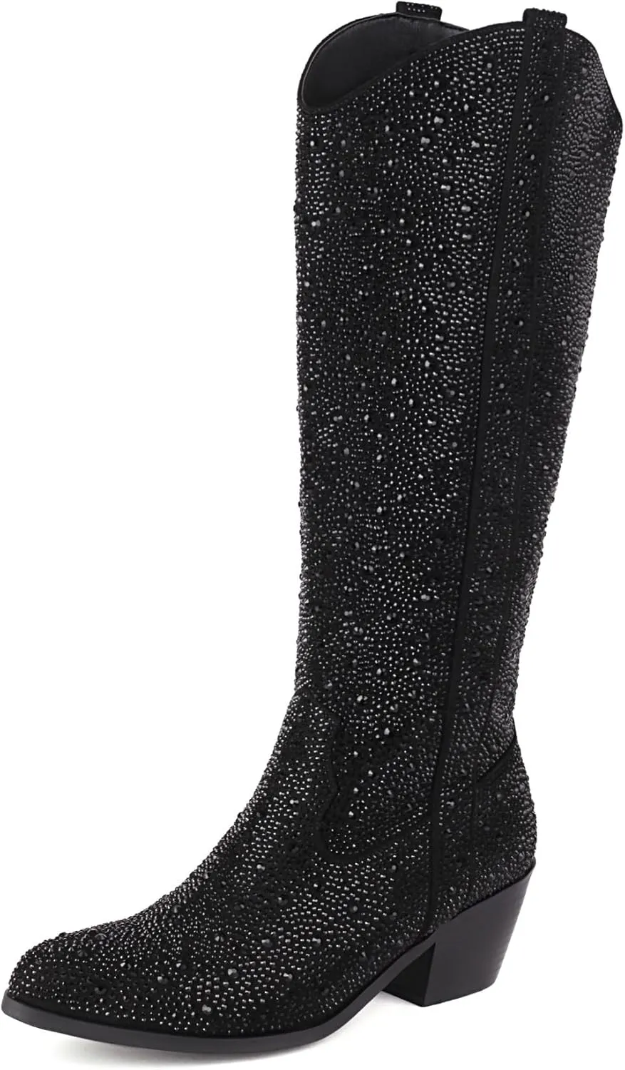 Women's Rhinestone Boots Wide Calf Cowgirl Boots Western Mid Calf Pointed Toe Boots Lightweight Fashion Trendy Chunky Stacked Heel Sparkly Side Zipper Boots