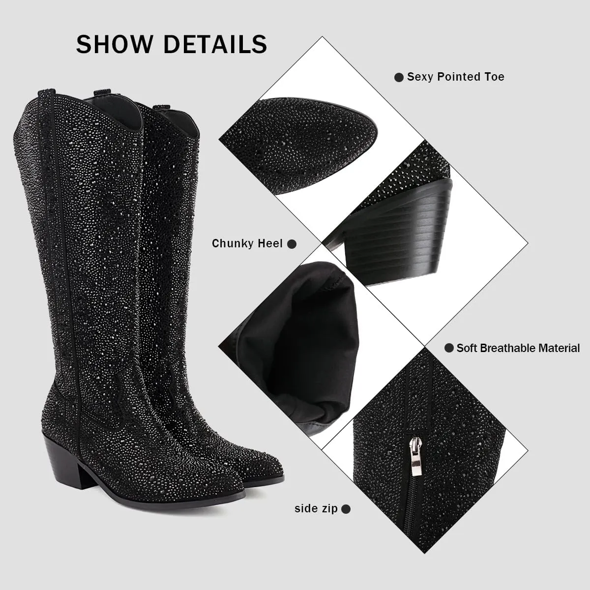 Women's Rhinestone Boots Wide Calf Cowgirl Boots Western Mid Calf Pointed Toe Boots Lightweight Fashion Trendy Chunky Stacked Heel Sparkly Side Zipper Boots