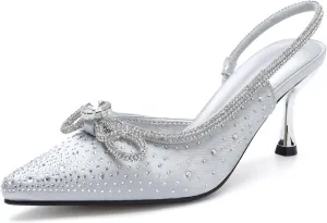 Women's Rhinestone Bow Pointed Toe Fashion Closed Toe Glitter Face Pumps Glitter Heels Evening Prom Wedding Bridal Shoes