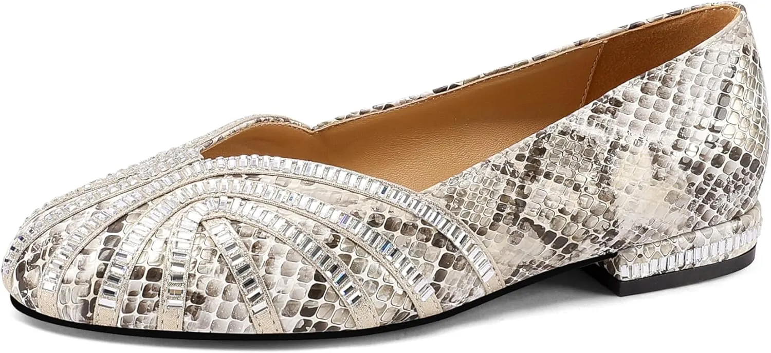 Womens Rhinestone Round-Toe Ballet Flat Slip-On Shoes - Non-Slip, Comfortable, Low-Heel Flat Shoes