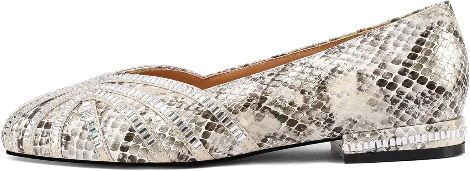 Womens Rhinestone Round-Toe Ballet Flat Slip-On Shoes - Non-Slip, Comfortable, Low-Heel Flat Shoes
