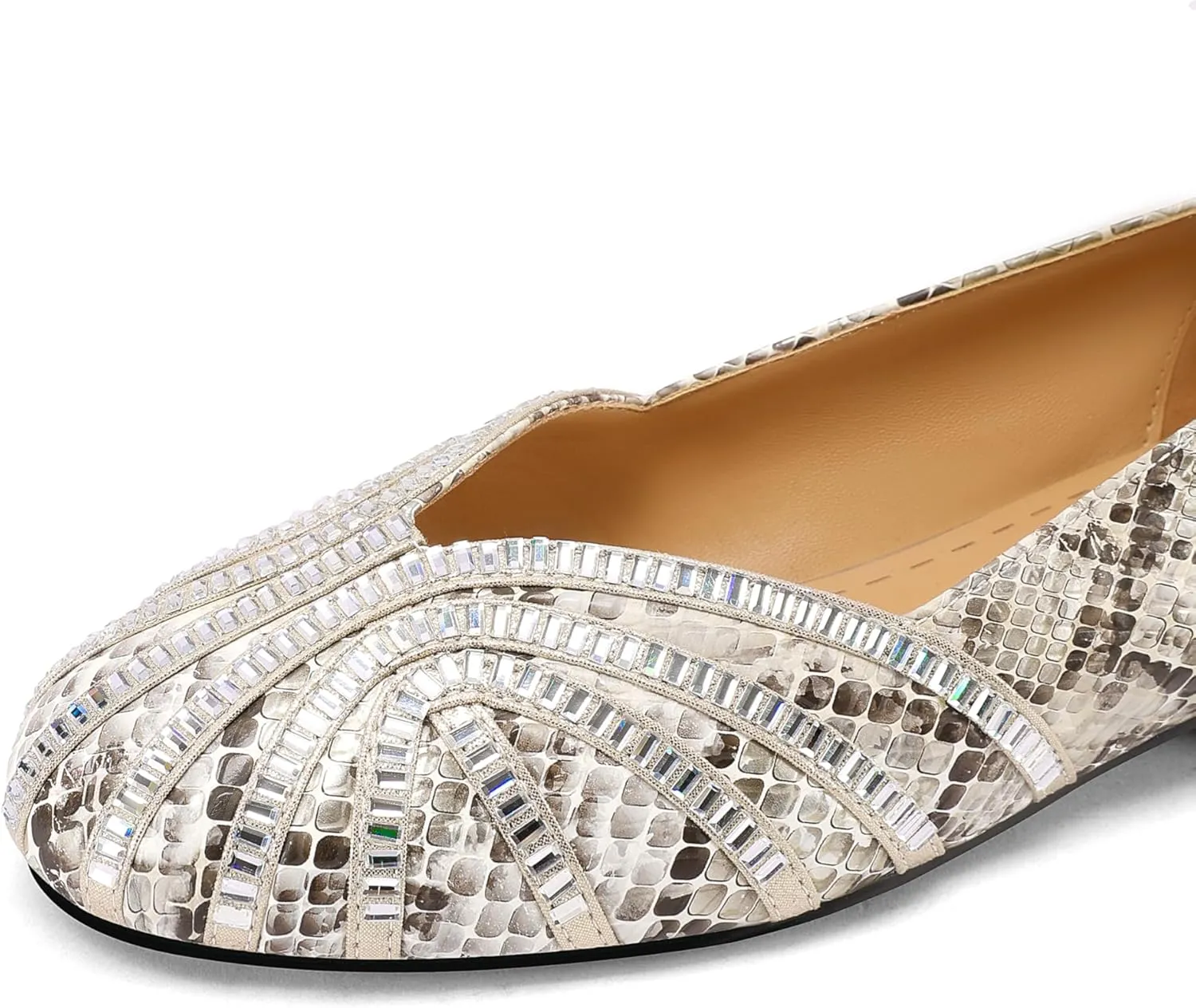 Womens Rhinestone Round-Toe Ballet Flat Slip-On Shoes - Non-Slip, Comfortable, Low-Heel Flat Shoes