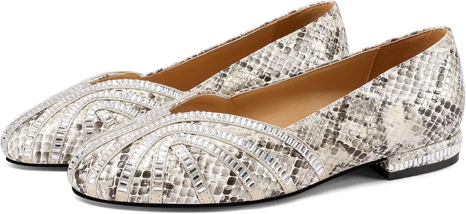 Womens Rhinestone Round-Toe Ballet Flat Slip-On Shoes - Non-Slip, Comfortable, Low-Heel Flat Shoes