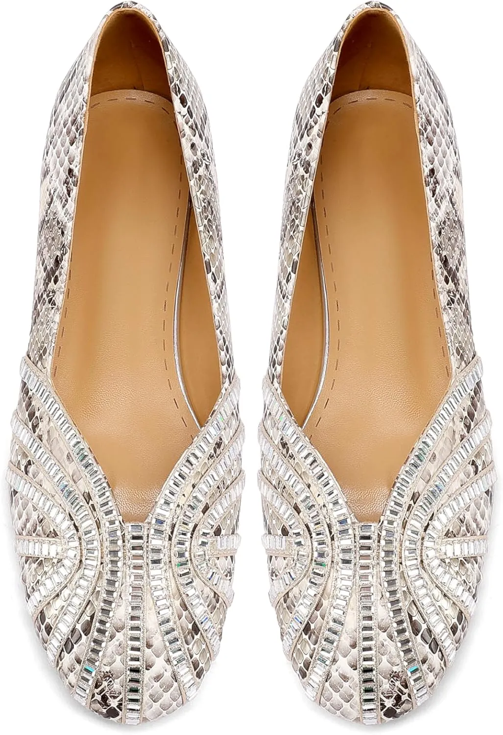 Womens Rhinestone Round-Toe Ballet Flat Slip-On Shoes - Non-Slip, Comfortable, Low-Heel Flat Shoes